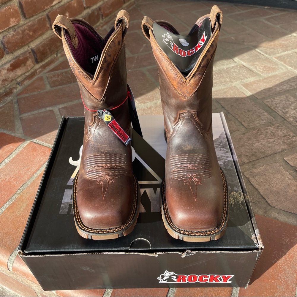 Rocky Brown Leather Work Booties with Maroon Lining